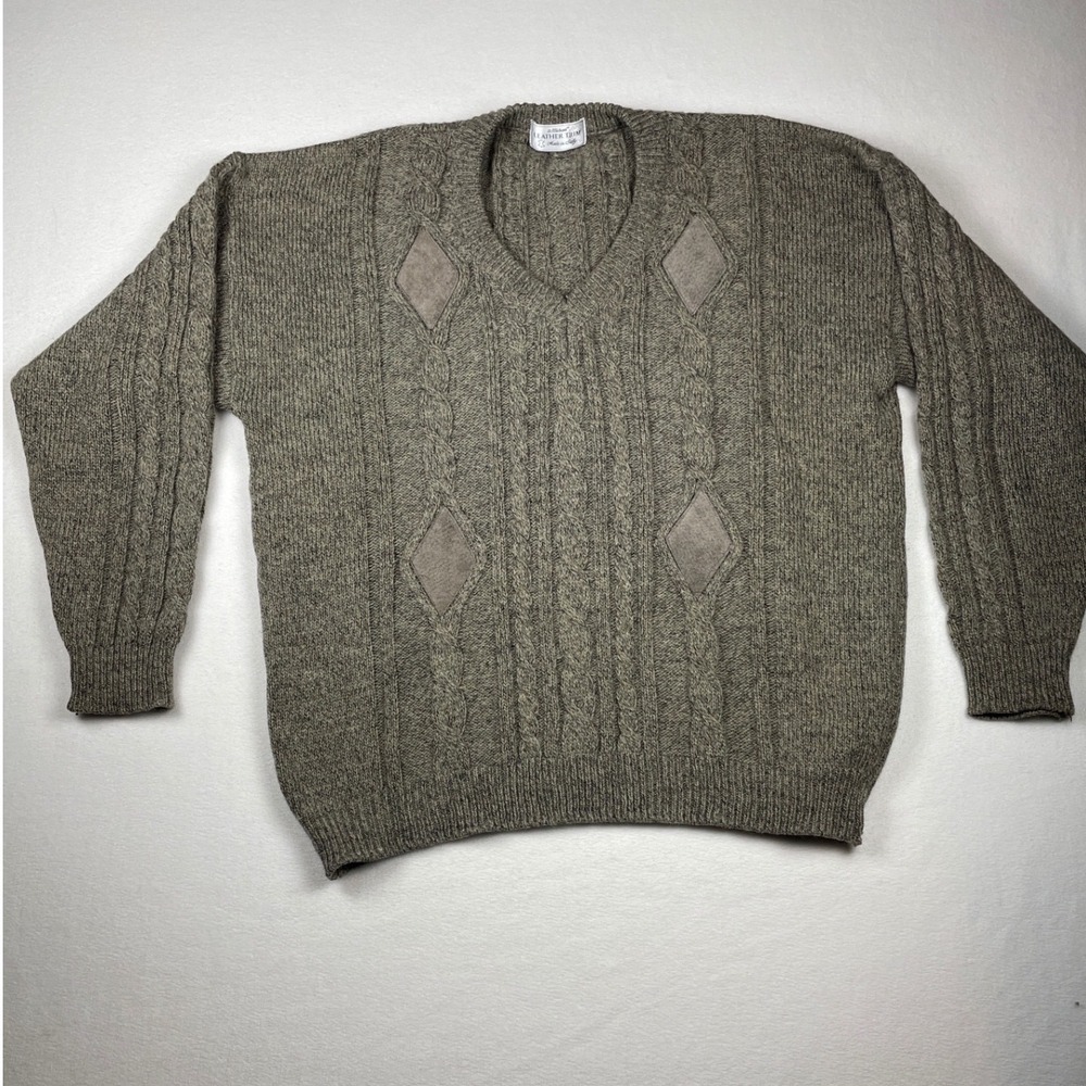 Vtg St Michael Marks Spencer Wool Sweater Large Greige Cable Knit Suede Italy